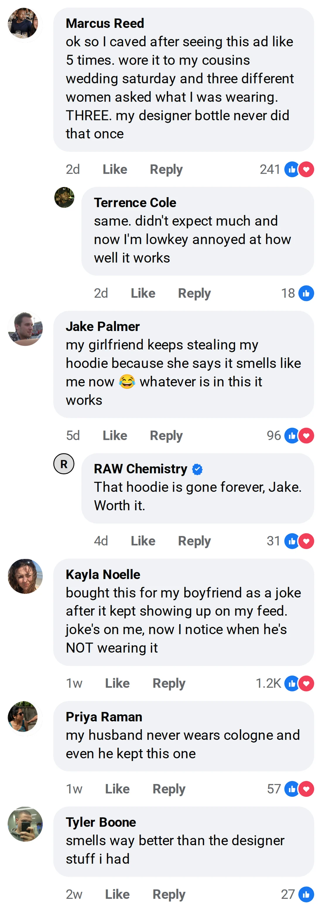 Facebook comment thread under a RAW Chemistry ad