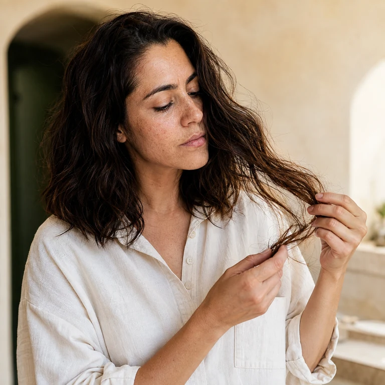A woman feeling the ends of her naturally wavy hair in daylight