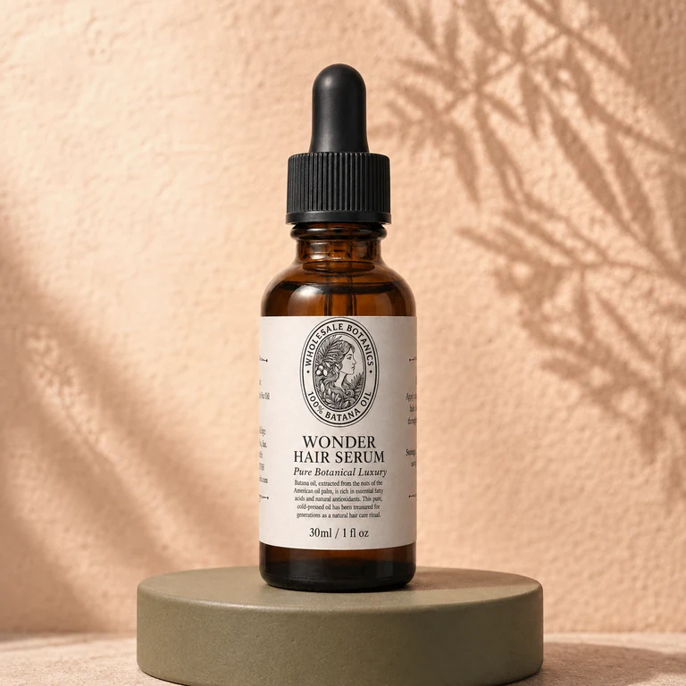 The full Wonder Hair Serum bottle standing on an olive ceramic pedestal, with its cream label visible
