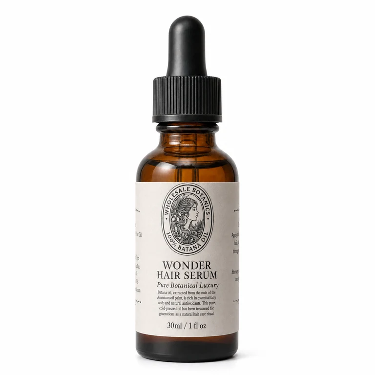 Wonder Hair Serum, the Wholesale Botanics amber glass bottle with cream 100% Batana Oil label and black dropper
