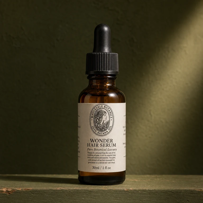 Wonder Hair Serum’s amber bottle and full cream label against a deep green backdrop