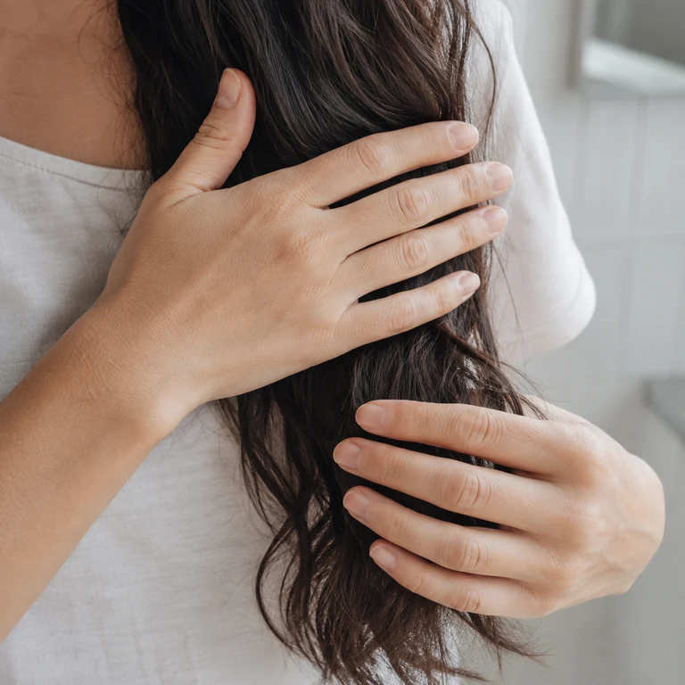 Close-up of two hands gently smoothing a section of naturally wavy hair toward the ends