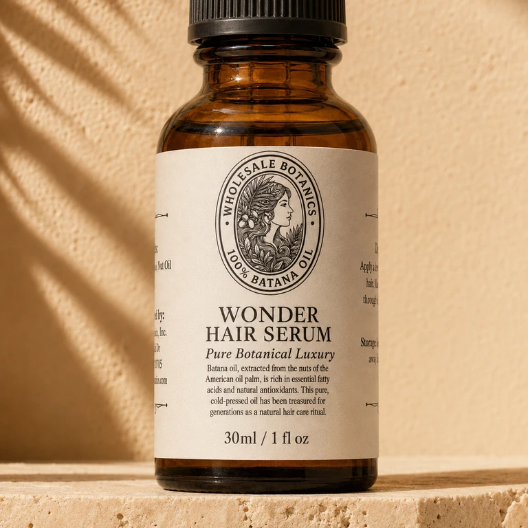 Close view of the exact Wonder Hair Serum label and textured amber glass