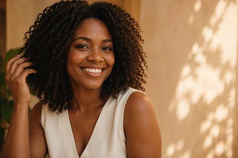 Beauty editorial of a smiling woman with shoulder-length natural curls