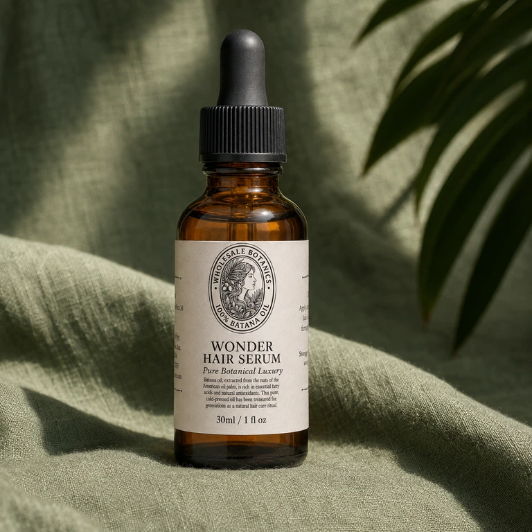 Wonder Hair Serum in amber glass on green linen with warm sunlight