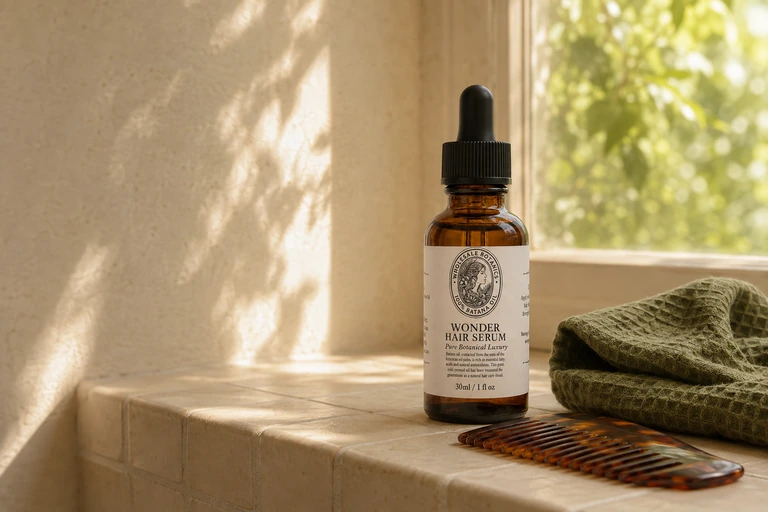 Wonder Hair Serum beside a green towel and comb on a sunlit bathroom shelf